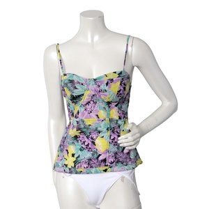 Bluenotes Peplum Sweetheart Floral Blouse Tank Top Smocked Black Purple Blue Y2K
